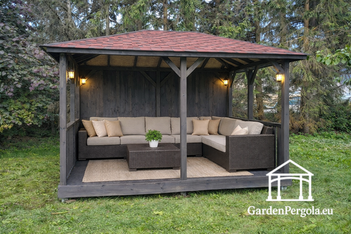 3x4 Standard Mörkgrå Trädgårdspaviljong med Rött Shinge..