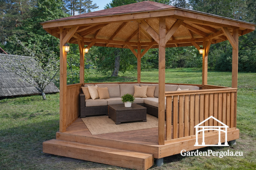 Sexkantig ljusgrå trädgårdspaviljong