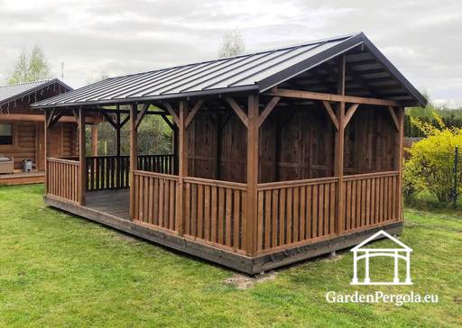 4x7m stor brun trädgårdspaviljong med metalltak