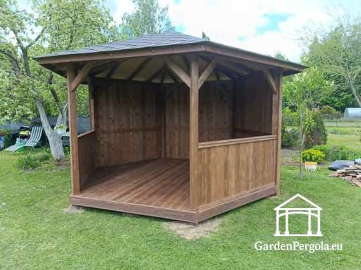 Six-Sided Dark Gray Garden Gazebo with grey Shingle Roo..