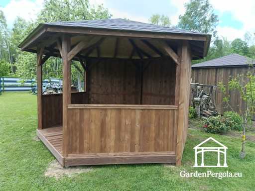 Six-Sided Dark Gray Garden Gazebo with grey Shingle Roo..