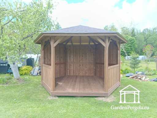 Six-Sided Dark Gray Garden Gazebo with grey Shingle Roof