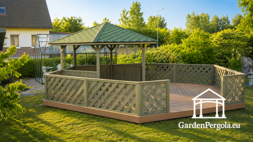 6-sided gazebo with solid railings