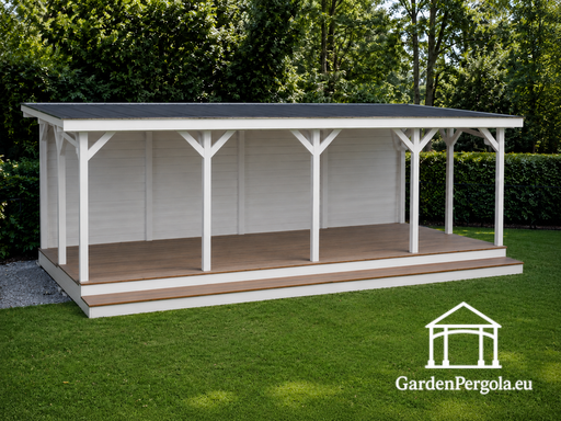 4x8 m wooden gazebo with a two-slope roof 