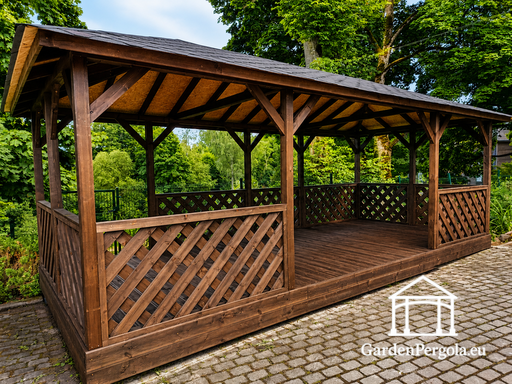 4x7 m Brun Trægazebo — Rummelig Havepavillon med Gulv, ..