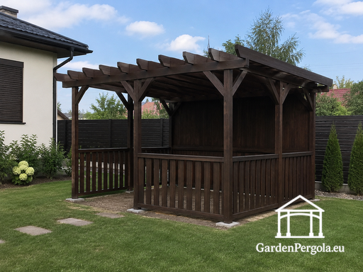3x4 m Mörkbrun Träpergola Utan Golv — Träpergola Tak