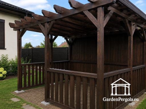 3x4 m Mörkbrun Träpergola Utan Golv — Träpergola Tak