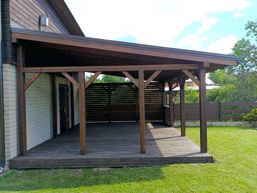 Dark Brown Wooden House-Attached Veranda with Covered Roof – 4.8×6 m