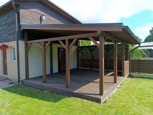 Dark Brown Wooden House-Attached Veranda with Covered Roof – 4.8×6 m