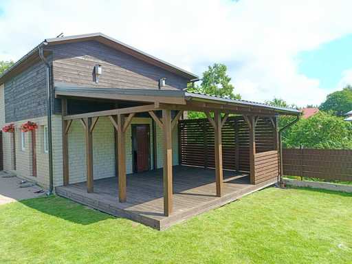 Dark Brown Wooden House-Attached Veranda with Covered R..