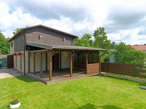 Dark Brown Wooden House-Attached Veranda with Covered Roof – 4.8×6 m