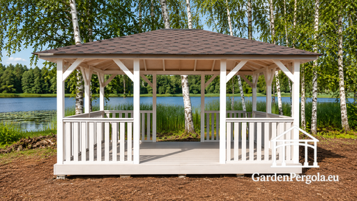 4x4,5 m Weißer Holz-Gartenpavillon mit Vorder- und Hint..