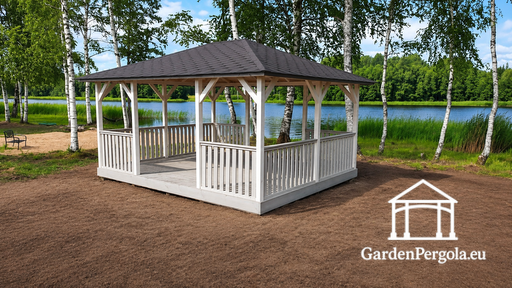 4x4,5 m Weißer Holz-Gartenpavillon mit Vorder- und Hint..