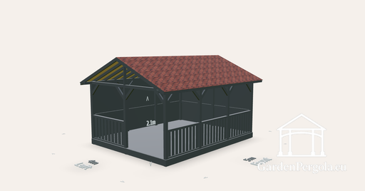 Gazebo 4x5m with red shingle dual slope roof